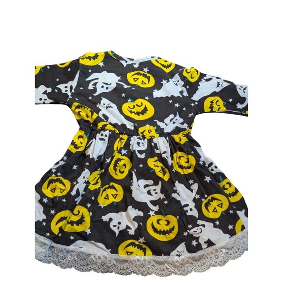 Halloween Girls Dress W/ Lace Trim Ghosts & Pumpkins Print Black/Yellow White Ki - Picture 2 of 4